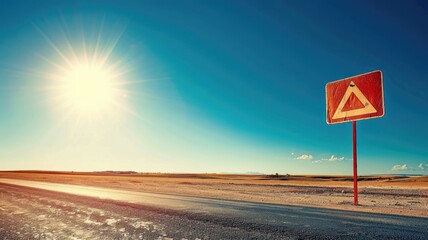 Rural road with warning sign under bright sun