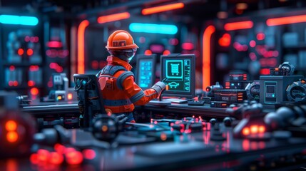 Fototapeta premium A worker in a protective helmet operates a high-tech control panel in a futuristic, illuminated environment.