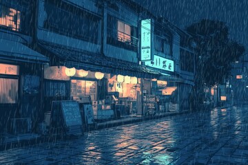 A rainy night market with cozy stalls, glowing signs, and a gentle rain. Cozy vibe, Generative AI 