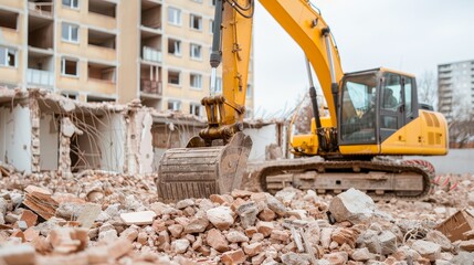 Obraz premium A yellow excavator working on a demolition site, surrounded by rubble and debris from a demolished building.