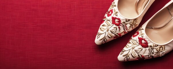 Elegant embroidered women's shoes with floral pattern on a red background. Perfect for wedding or special occasion fashion inspiration.