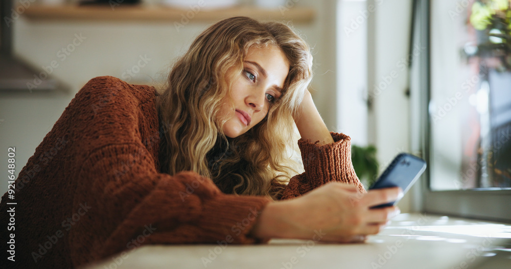 Poster woman, sad and smartphone in home for reading, chat and message of break up with online partner. hou