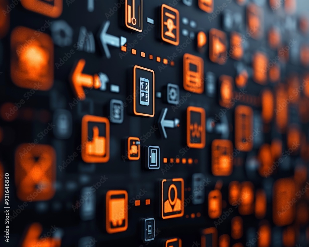 Poster abstract digital interface background with icons and symbols, featuring orange and white elements on