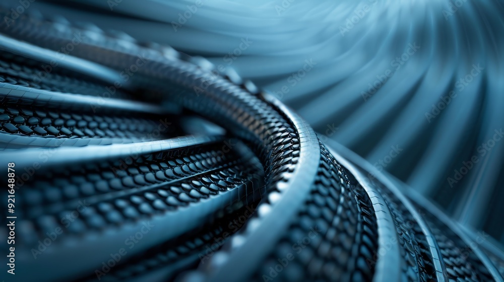 Poster abstract close-up of a metallic spiral design with a cool blue tone, highlighting texture and depth 