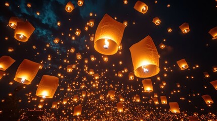 Chiang Mai Lantern Festival: The sky filled with hundreds of lanterns during the Yi Peng Lantern Festival in Chiang Mai..