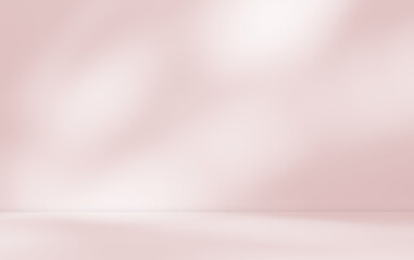 Empty pink colour room studio with sunlight effect shadow on the floor and wall for product presentation. Minimal backdrop design. Cosmetic, beauty and fashion showroom. Summer background mock up.	