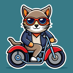 cat on a motorcycle with sunglass create a sticker with an outline realistic 