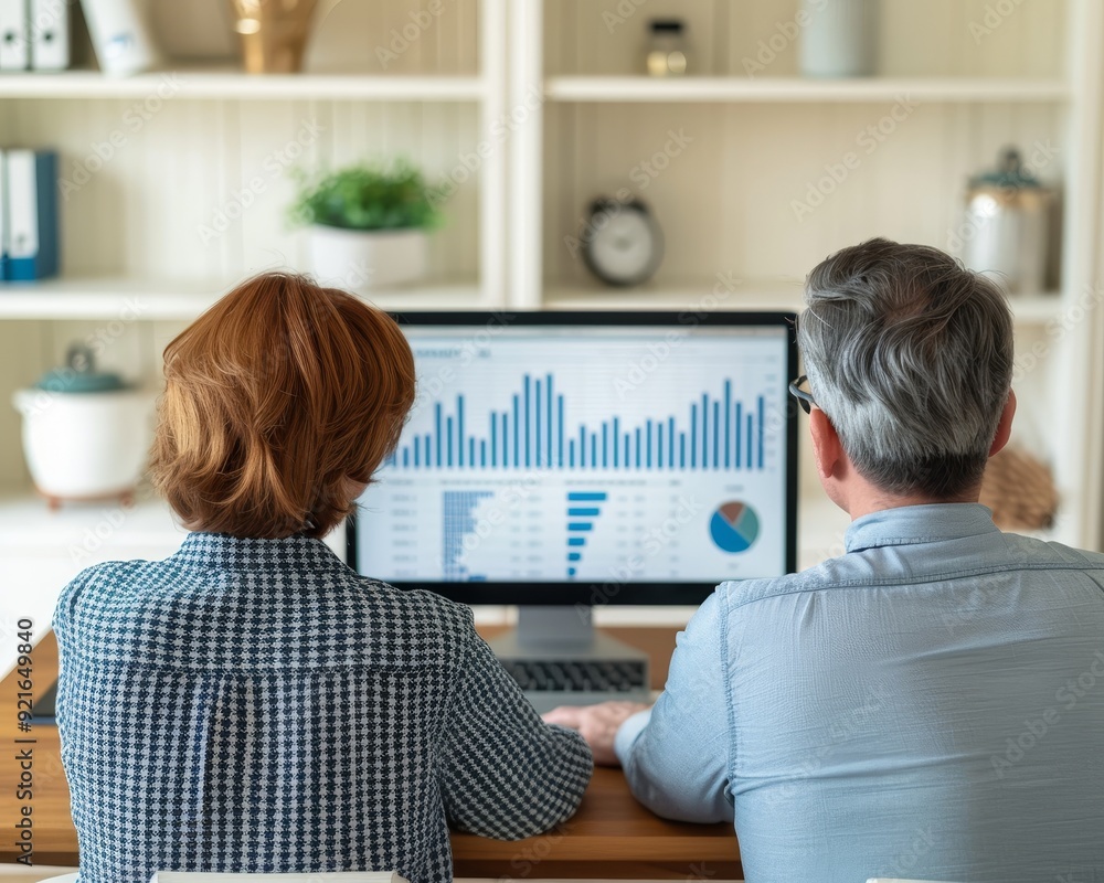 Poster business partners analyzing financial data on a computer screen in a modern office setting.