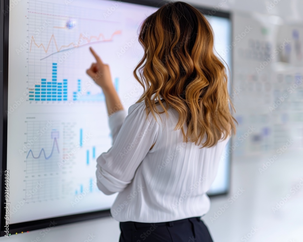 Poster business professional analyzing data graphs on digital screen, pointing at trends for effective deci