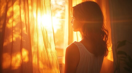 Woman gazing out of window with warm sunlight filtering through curtains