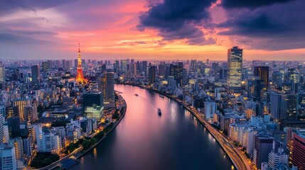 Tokyo Skyline at Sunset with a River