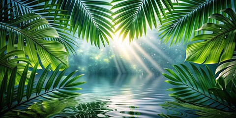 Fototapeta premium Tropical leaves, light and shadow, sparkling water surface create a natural pattern , tropical, leaves, light, shadow