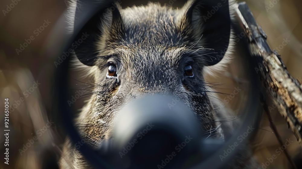 Wall mural wild hog through rifle scope: view of a wild hog seen through a rifle scope, focusing on hunting.
