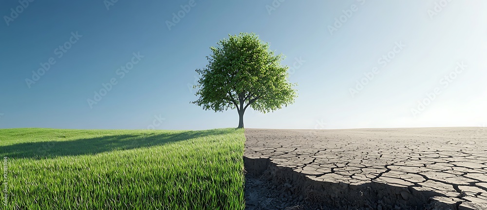 Wall mural a lone tree stands on a dividing line between a lush green field and a cracked, dry desert landscape