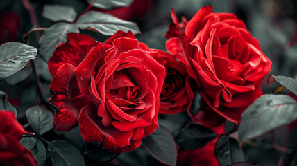 Red roses in bloom, closeup with detailed petals and rich colors