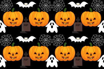 Seamless Halloween pattern with hand drawn pumpkins on black background. Designed for clothing, carpets, textiles, batik, embroidery, gift wrapping paper.