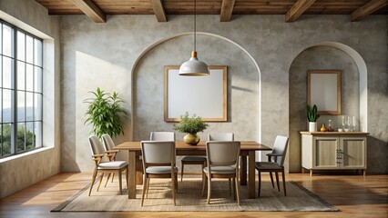 Obraz premium Mediterranean style dining room with blank wall mockup, Mediterranean, dining room, interior, wall, mockup, design, decor