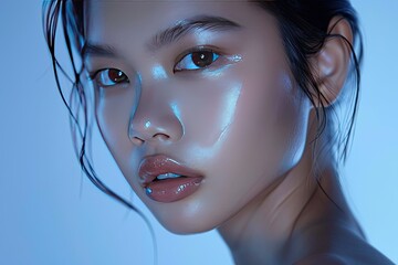 Close-up portrait of a young woman with glowing skin, natural makeup, and wet hair, illuminated by soft blue lighting.