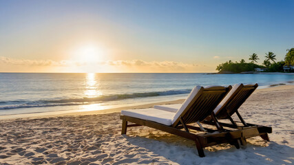 Fototapeta premium Chairs on the sandy beach near the sea. Summer holiday and vacation concept for tourism. Inspirational tropical landscape.