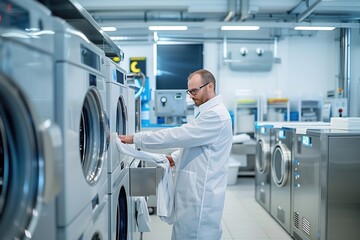 Obraz premium Man in lab coat loading laundry into washing machine.