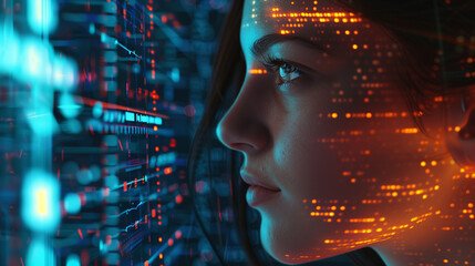 AI cyber security threat illustration, female IT specialist analyzing data information technology, augmented reality artificial intelligence collage, matrix numbers