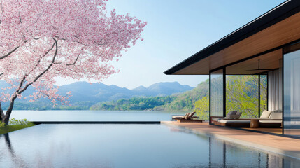 A glass walled house by lake cherry blossom, huge window for natural light