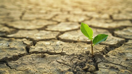 Small green plant grows in cracked, dry soil, symbolizing resilience and hope