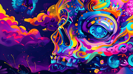 Abstract Illustration of a Skull with Vibrant Colors and Patterns