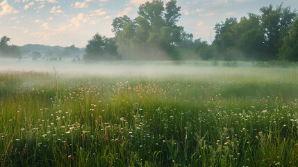 Wild Meadow with Morning Mist: Wild meadow with morning mist, conveying a serene natural