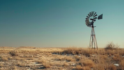 Desert windmill under clear sky with dry vegetation