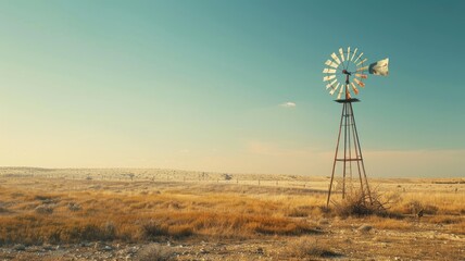 Windmill stands in vast, dry, grassy landscape under clear blue sky