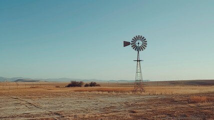 Windmill in open field under blue sky, daytime