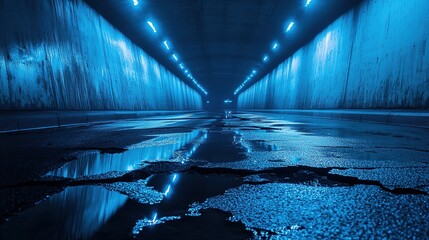 Blue glowing exit from dark abandoned tunnel