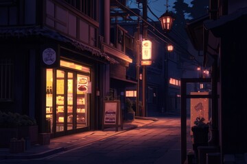 Obraz premium A quiet street corner with dim lights and soft shadows. Cozy vibe, Generative AI (