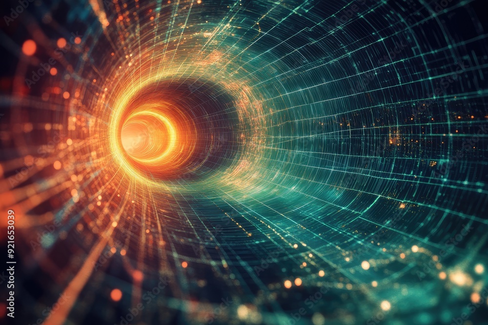 Poster a vibrant representation of a cosmic tunnel, blending light and energy in a mesmerizing display of m