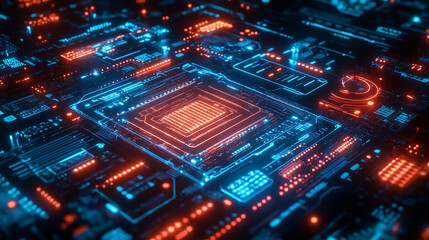 Fototapeta premium An intricate tapestry woven from glowing circuits and AI chips, representing the interconnectedness of modern technology.