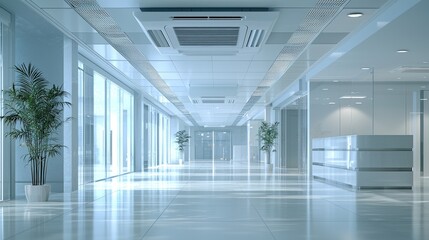 Obraz premium Air Conditioning central in Modern office hallway with glass walls and potted plants