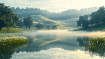 Fototapeta premium A tranquil, early morning landscape where gentle hills are covered in a soft blanket of fog. 