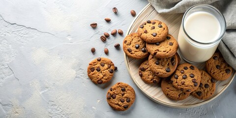 Oats cookies with chocolate drops and glass of milk, flat lay, oats, cookies, chocolate drops, milk, snack, dessert, sweet