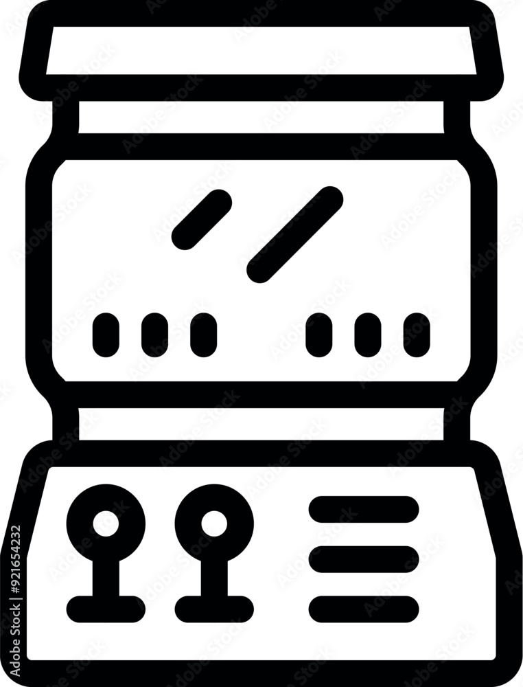 Poster line art icon of a retro arcade game machine with joysticks and screen