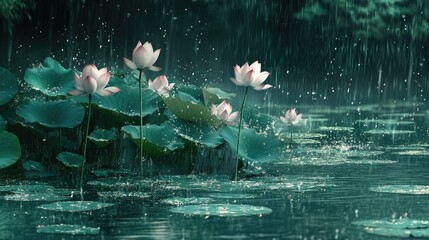 a group of lotuses in the middle of a lake whose emerald green water is splashed by rainwater