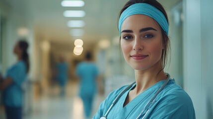 Fototapeta premium Smiling healthcare professional in scrubs standing in a hospital corridor