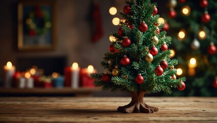 Empty table in front of christmas tree with decoration background