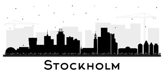 Stockholm Sweden city skyline silhouette with black buildings isolated on white. Stockholm cityscape with landmarks. Tourism concept with modern and historic architecture.