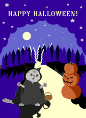 halloween card with pumpkin and cat