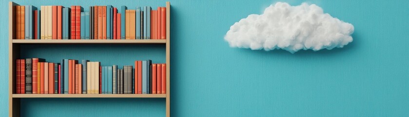 Fototapeta premium A vibrant bookshelf filled with colorful books against a teal wall and a fluffy white cloud, creating a whimsical atmosphere.