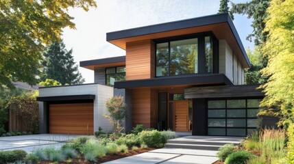 Modern house exterior with wood and concrete facade, large windows, and green landscaping.