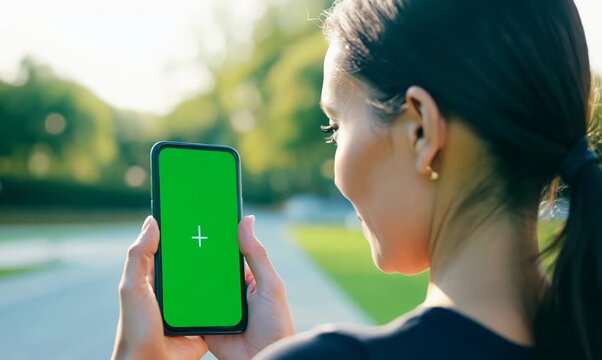 Chroma Green Screen Close-Up of Woman Counting Steps with Pedometer App on Smartphone