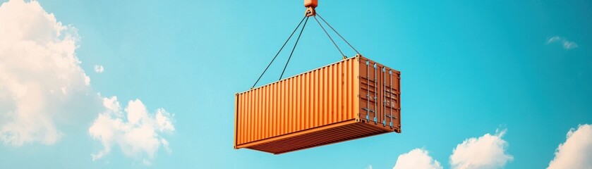 A vibrant cargo container being lifted against a clear blue sky, symbolizing global trade and logistics movement.