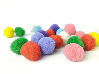 Colorful Pompoms isolated on white background, fluffy, lovely